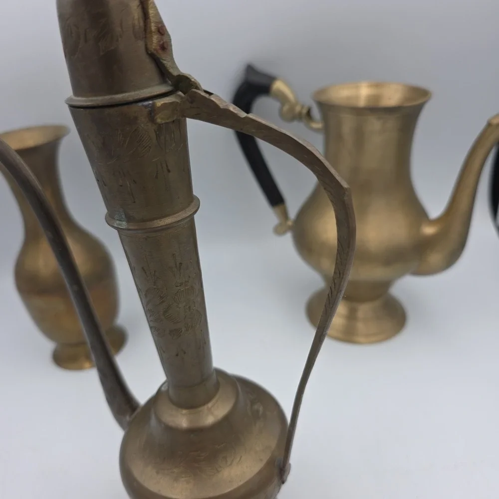 Vintage Ornate Solid Brass Etched Pitcher Made in India Lot Of 3